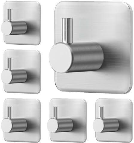 Grsta Ganchos Adhesivos para Pared, 6 Piezas- Colgadores Adhesivos Resistentes, Acero Inoxidable Colgador Toallas sin Taladro, Colgadores Adhesivos, Percha para Albornoz Ropa Paño de Cocina, Plateado