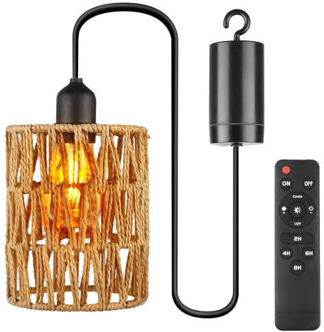 Lámpara colgante con batería, lámpara colgante con mando a distancia, lámpara de ratán, lámpara bohemia para patio, jardín, sala de estar, dormitorio