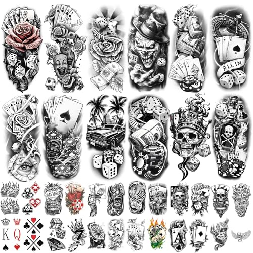 77 hojas de tatuajes temporales de casino para mujeres y hombres, 17 hojas de tatuajes falsos grandes de medio brazo de póker, dados, león, payaso, 60 hojas de ángeles, dólares, calaveras, pequeños