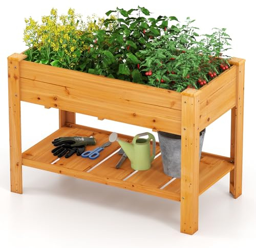 HOMASIS Huerto Urbano de Madera Abeto con Estante, 120 x 60 x 81 cm, Jardinera Elevada Terraza Exterior con Orificio de Drenaje, Compartimento de Almacenamiento, para Jardín, Balcón (Marrón Rojizo)
