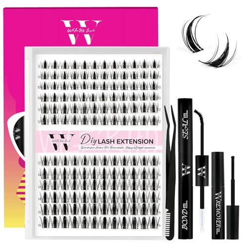 WLFRHD Wimpernverlängerungsset, DIY 144-teiliges Set mit einzelnen Wimpernclustern, Wimpernkleber und -versiegelung, Wimpernentferner, Applikator für Wimpernverlängerungen (QFY, D-Mix8-16 | Set)