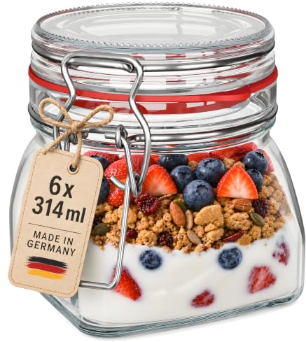 WELLGRO Einmachgläser mit Bügelverschluss eckig, Fermentierglas, Vorratsgläser mit Deckel, Bügelglas - Gläser mit Deckel Made in Germany (314ml x 6 Stück)