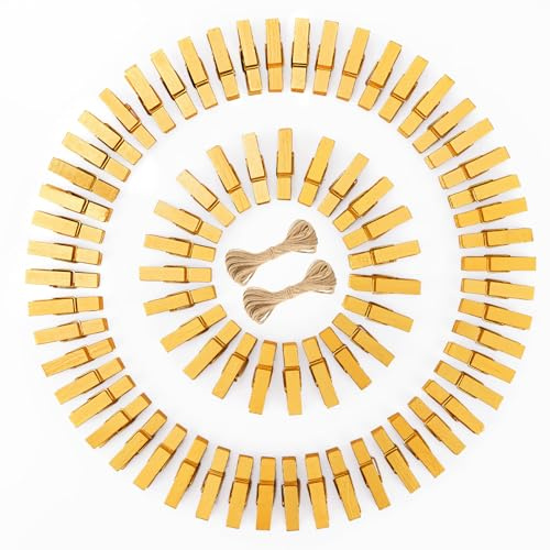 jijAcraft Gold Holz Wäscheklammern 3,5 cm: 100 Stück Klein Holzklammern | Mini Fotoklammern mit 20 m Juteschnur für Fotowand, Hochzeit, Weihnachtsdeko, Silvester und Jubiläum