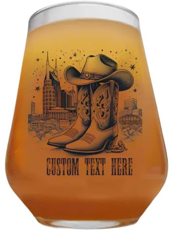 Personalised Country Music Stemless Wine Glass – Cowboy Boot Design, Dishwasher Safe, Custom Text