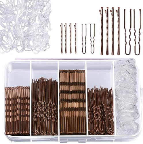 LUMOOM 700 Stück Haarspangen Set, Metal Haarklammern, U-förmige Haarnadeln, Bobby Pins, 500 Haargummis und Haarclips Damen mit Aufbewahrungsbox für Frauen Mädchen (Braun)