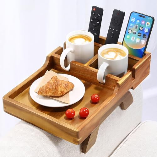 Acacia Wood Couch Arm Tray, 15.35x9.85 Couch Armrest Table with Cup Holder, Foldable Desktop for Dual Use Sofa Arm Tray, with Non-Slip Feet