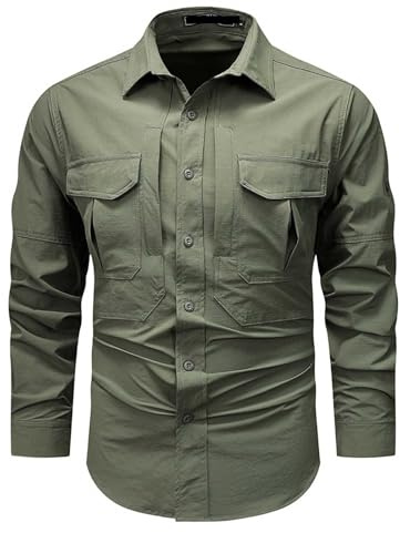 Chemise cargo pour homme - Manches longues - Chemise de randonnée - Chemise de cowboy - Chemise tactique d'extérieur avec boutonnière et poches de poitrine - Chemise à manches longues vintage