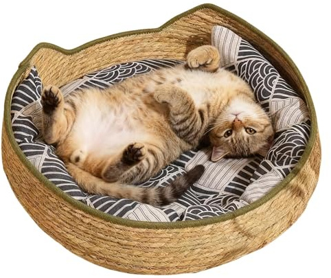Katzenkorb, gewebte, waschbare Kätzchenmatte mit Kissen und Kissen, kleines Katzenbett, für drinnen und draußen, Winter, Reisen, Auto, Camping, Schreibtisch, Nachttisch, Fenster, Stuhl, Couch, Zimmer