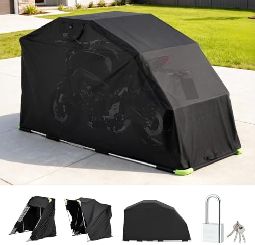 VEVOR Refugio para Motocicleta con Cerradura de Seguridad, Carpa Abatible Oxford 600D, Resistente a la Intemperie y al Desgarro, con Ventanas de Ventilación, 2790 x 1095 x 1600 mm, Color Negro