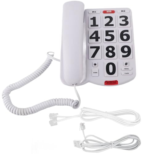 Ticfox stor knapp telefon fast telefon med höga ringsignaler lättlästa knappar minnesfunktion SOS-urtavla för äldre seniorer synskadade vit