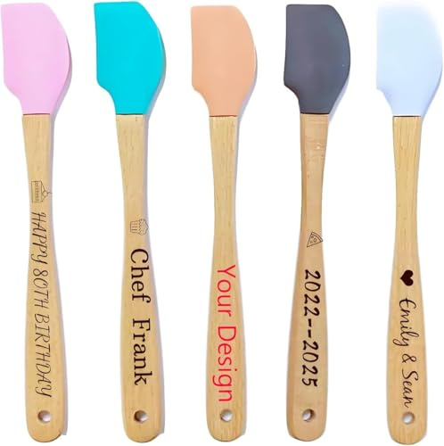 10-100Pcs Personalised Mini Silicone Spatulas, Customise Engraved Patterns & Names, Non-Stick Kitchen Tool, Wooden Handle Baking Tool, Personalized Bridal Shower Wedding Party Favors
