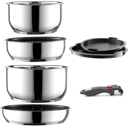 Juego de Ollas y Sartenes 7 Piezas, Ollas acero Inoxidable, sin PFAS | Mango Desmontable, Sartén sartenes antiadherentes 20/26 cm, 2×Cacerola 16/20 cm, Tapas, para Inducción y Todas las Cocinas