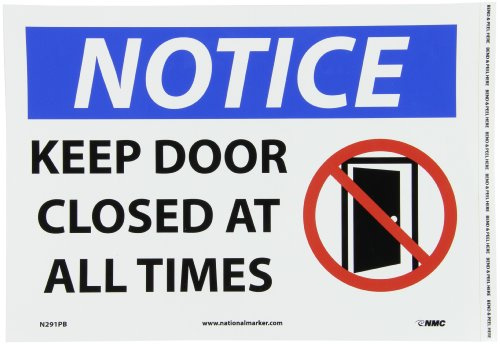 NMC N291PB Hinweisschild mit Aufschrift Keep Door Closed at all times, 35,6 x 25,4 cm, PS-Vinyl mit Grafik, weiß/schwarzer Text auf blau-weißer Basis