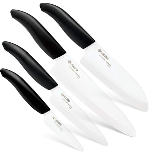 Kyocera’s Revolution 4-Piece Ceramic Knife Set: Ceramic Chef Knife For Your Cooking Needs, 7 Chef's Santoku, 5.5 Santoku, 4.5 Utility & 3 Paring Knives, Black/White