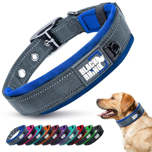 Black Rhino Le Collier Confort Ultra Souple en néoprène rembourré Collier de Chien pour Toutes Les Races Heavy Duty réglable réfléchissant résistant aux intempéries (Large, Bleu/Gris)
