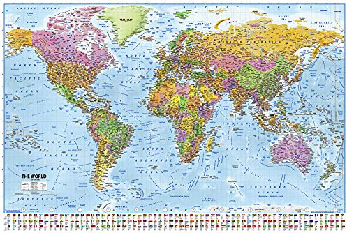 Close Up Weltkarte Premium Poster - Version 2019 mit Flaggen - 91,5x61 cm - Top Qualität - MAPS IN Minutes + 2 St. transparente Posterleisten mit Aufhängung