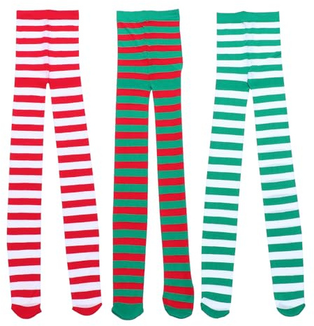 NUOBESTY 3 unids/set rojo verde blanco rayas polainas medias muslo alto medias medias medias de Santa fiesta elfo medias para Navidad vacaciones traje