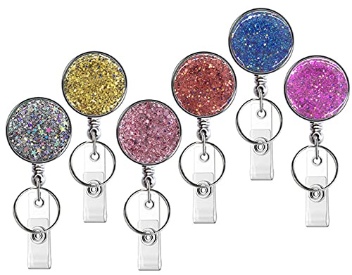 Einziehbarer Ausweishalter, leichter Kunststoff-Ausweishalter, einziehbarer Kartenhalter mit Gürtelclip für Krankenschwester,Lehrer, Studenten(Glitter Colorful 6pack)