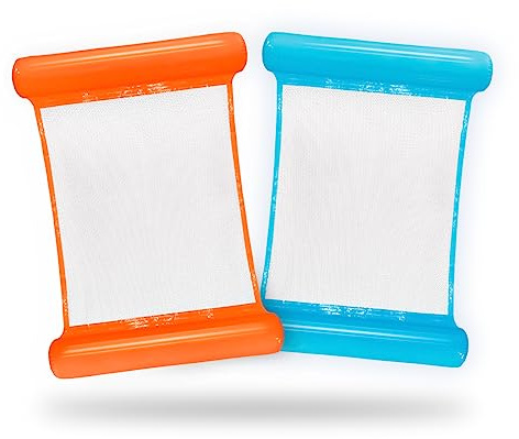 FUN FAN LINE Packung 2 x aufblasbare Wasserhängematte Liegestuhl Entspannen Pool, aufblasbare Matratze, faltbar, Schwimmbad, 110 x 80 cm, Blau, Orange. (Orange + Blau, Packung x2)