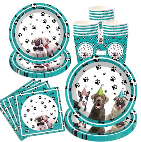 BlinBlin Hundparty servis set, husdjur temafest porslin tallrik, hund barns födelsedagskalas dekoration, tallrik koppar servetter, hundar partydekorationer, 16 gäster