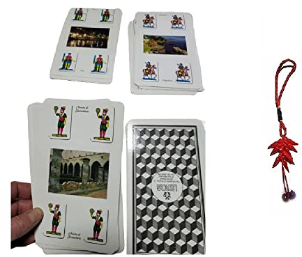BLUSUPERSHOP 1 mazzo di carte napoletane giganti 18,5X10 CM illustrate con foto piazze munumenti NAPOLI Scopa BRISCOLA SCOPONE SCIENTIFICO + 1 amuleto