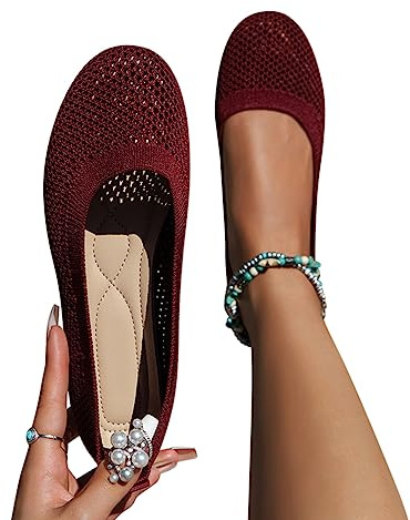 Minetom Femme Sport Chaussures Respirantes Confortable Tricotées Ballerines Loafers Décontractées Plates Flats Chaussures A Rouge 40 EU