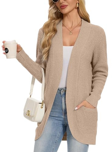 Atxnn Cárdigan Mujer Elegante Waffle Chaqueta de Punto Invierno Delantera Abierta Suéteres con Bolsillos Jersey Cárdigans Cómodo Rebeca Otoño, CAQUIS XL