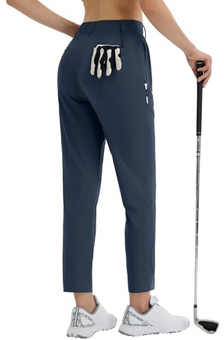 baleaf Pantalones de Golf para Mujer con Trabillas para cinturón, Bolsillos con Cremallera Trabajo Negocios Casuales, UPF 50+ Azul Marino XXL