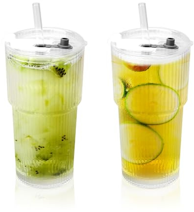 DAWRIS Lot de 2 gobelets en verre de 600 ml gobelets en verre nervuré de 600 ml avec couvercle et paille, pour smoothie, café glacé, design étanche Pour smoothie, jus, café, long drink