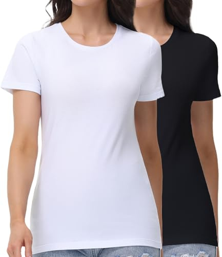 wirarpa Women's Cotton Crew Neck T Shirts Basic Short Sleeve Casual Tees Soft Everyday Undershirt Tops 2 Pack Black White Size M