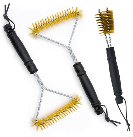 Omnikryp 3 Pezzi Spazzola Barbecue, Spazzola per Griglia con PP Isolamento Termico Manico, 30 cm Spazzole Triangolare per Barbecue con Setole in Ottone, Spazzole per Griglia Adatta a Tutte le Griglie