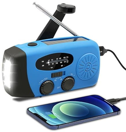 Radio Manivela de Emergencia Portátil, Radio Am/FM Recargable Solar y por Manivela, 2000mAh Powerbank, Linterna LED de 3 Modos, Cargador Celular, Alarma SOS para Camping y Supervivencia (Azul)