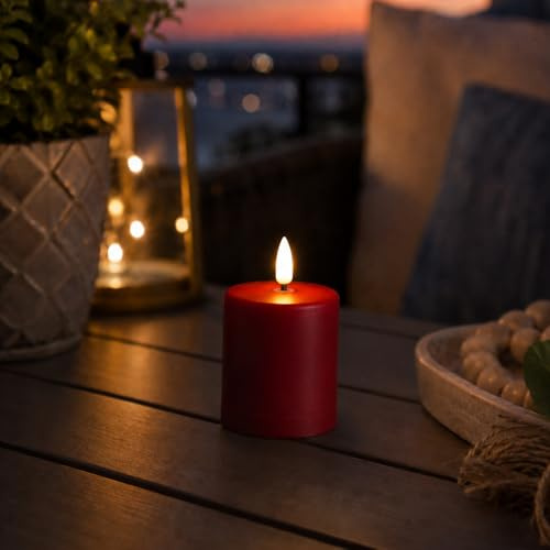 MARELIDA LED Miini Kerze Grabkerze Mini Stumpenkerze für Innen/Außen für Windlichter Laternen H: 10cm D: 6,1cm mit Timer Sensor outdoor Leuchtdauer bis 1200Stunden (rot - 1 Stück)