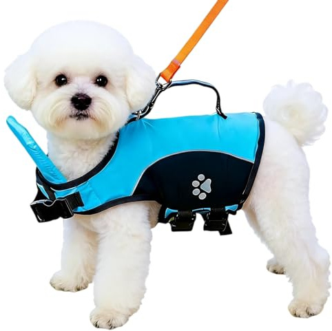 Chaleco salvavidas para perros para nadar y navegar, chaleco de seguridad de alta flotación con asa de rescate, ajustable, reflectante, ligero, para perros pequeños y medianos (azul, XS)