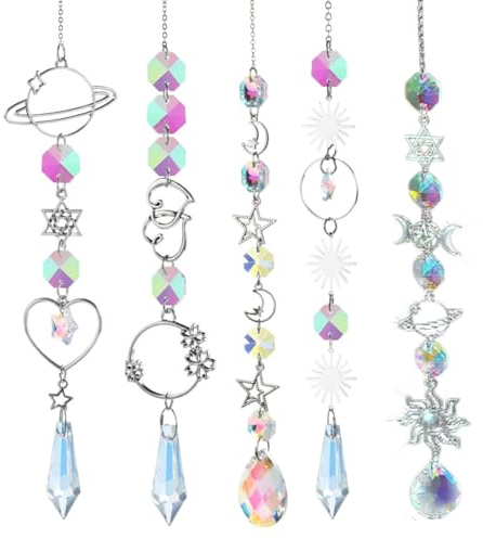 5 Piezas Atrapasoles Cristal,Colgante Cristal, Crystal Suncatcher Ornamento Colgante,Sun Catcher para Ventanas Jardines,Campanas Viento Cristal Atrapasueños para Colgar en Casa, Jardín, Oficina
