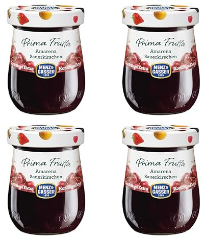 Menz&Gasser, Confettura Extra di Amarena Prima Frutta, con 50% di Frutta, Realizzata con Frutti di Alta Qualità IQF, Lavorata in Trentino-Südtirol, Naturalmente Senza Glutine, Vegan, 4x340 g