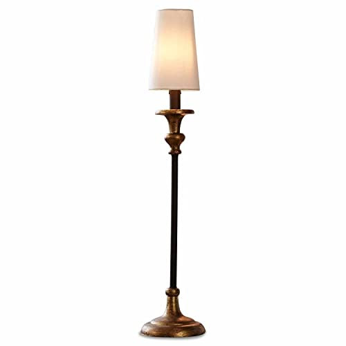 LOBERON Tischlampe Ducey, schlanke, hohe Statur, gedrechselte Standfuß, klassischer Stil, Antik-Finish, Tischleuchte, Baumwolle, Mangoholz, Eisen, creme/antikgold