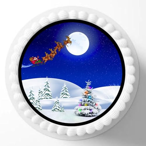 Christmas Snow Scene Edible Cake Topper | Festive Santa Sleigh Design | 7 Inch Precut Round | Wafer or Icing Sheet