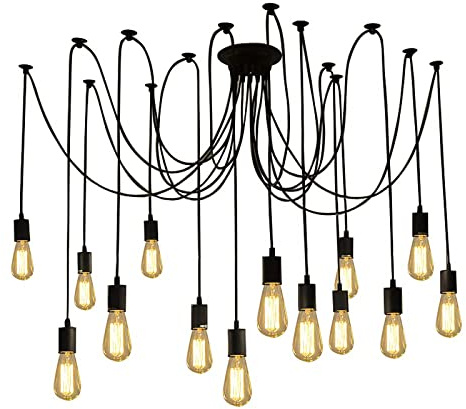 Fuloon Vintage Edison Multiple Ajustable DIY Ceiling Spider Lamp Light Pendant Lighting Chandelier Modern Chic Industrial Dining with Romote Control (14 Head Cable 200cm/78.7inch Each)