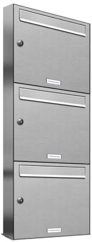 AL Briefkastensysteme 3er Briefkastenanlage Edelstahl, Premium-Briefkasten DIN A4, 3 Fach Postkasten modern Aufputz