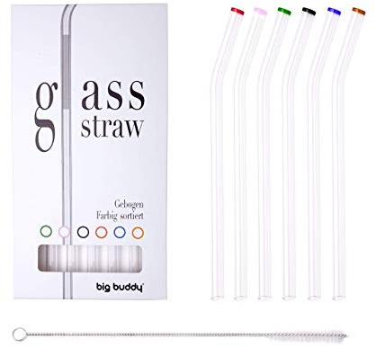Glasstrohhalme, Glas Strohhalme in Geschenkverpackung, Wiederverwendbare Trinkhalme aus stabilem Borosilikat-Glas (6 Stück - Gebogen)