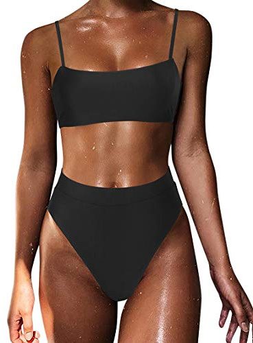 MOSHENGQI Sexy Push up Bikini Sets High Waist Swimsuits for Women Spaghetti Straps (Medium, Black)