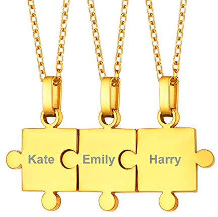 PROSTEEL personalisiert Puzzle-Teile Anhänger Kette 2/3/4/5/6/7/8 Stücke mit 55cm/2mm Rolokette Edelstahl/18k vergoldet Namensketten Gravur Ketten für Familien Freundschaft Partnerschaft