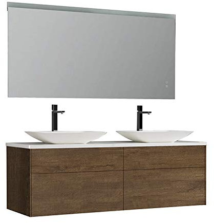 StoneArt Badmöbel-Set Mineralguss Waschtisch Waschbecken Waschschale Aufsatzwaschbecken Unterschrank und LED Spiegel dimmbar Anti-Beschlag-Funktion Venice VE-1600pro-1 Eiche dunkel 160cm
