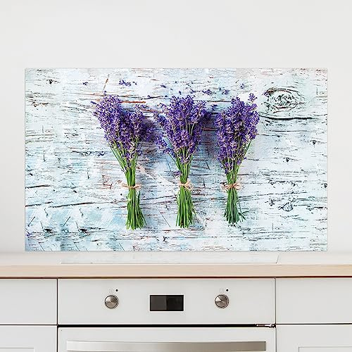 GRAZDesign Spritzschutz Küche Glas Lavendel Grau Holz, Küchenrückwand Glas für Herd und Spüle, Rückwand Küche Glasplatte mit Motiv, 60x40cm