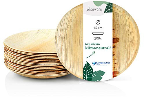 Wiseware Piatto in Foglia di Palma - Rotondo Monouso Biodegradabile - Stoviglie Compostabili Bio (200, Ø 15 cm)