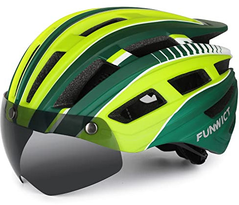 FUNWICT Fahrradhelm Herren Damen Helm Fahrrad mit Abnehmbarer Magnetische Brille und Innenfutter LED-Rücklicht Fahrradhelm mit Visier zum Radfahren (GreenYellow)