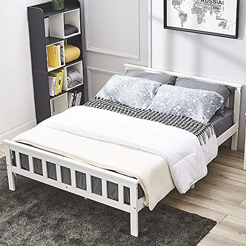 Panana Double Bed with Slatted 4ft6 Bed Frame Wooden Bed made of Natural Wood 137x190cm (White)