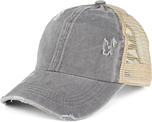 styleBREAKER Damen Ponytail Baseball Cap Used Look 6-Panel | Atmungsaktives Netzmaterial, Risse und Fransen. Elastische Kreuzbänder für hohen Zopf. Klettverschluss (54-59 cm Umfang).