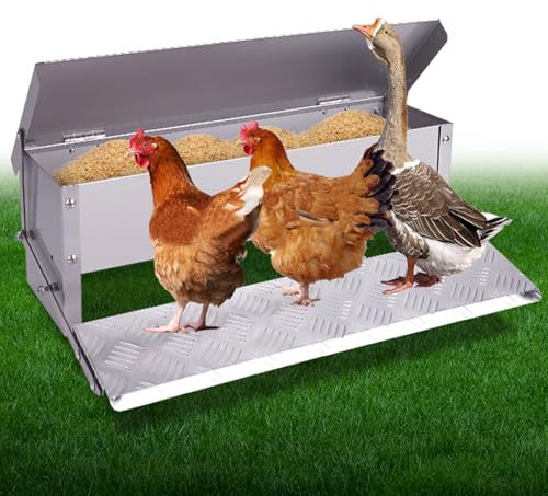 PAULOZYN Futtertrog für Hühner, Geflügel, automatisch, verzinktes Metall, kein Abfall für Fasanen, Hahn, Outdoor, mit wetterfestem Deckel, Regenschutz, große Größe